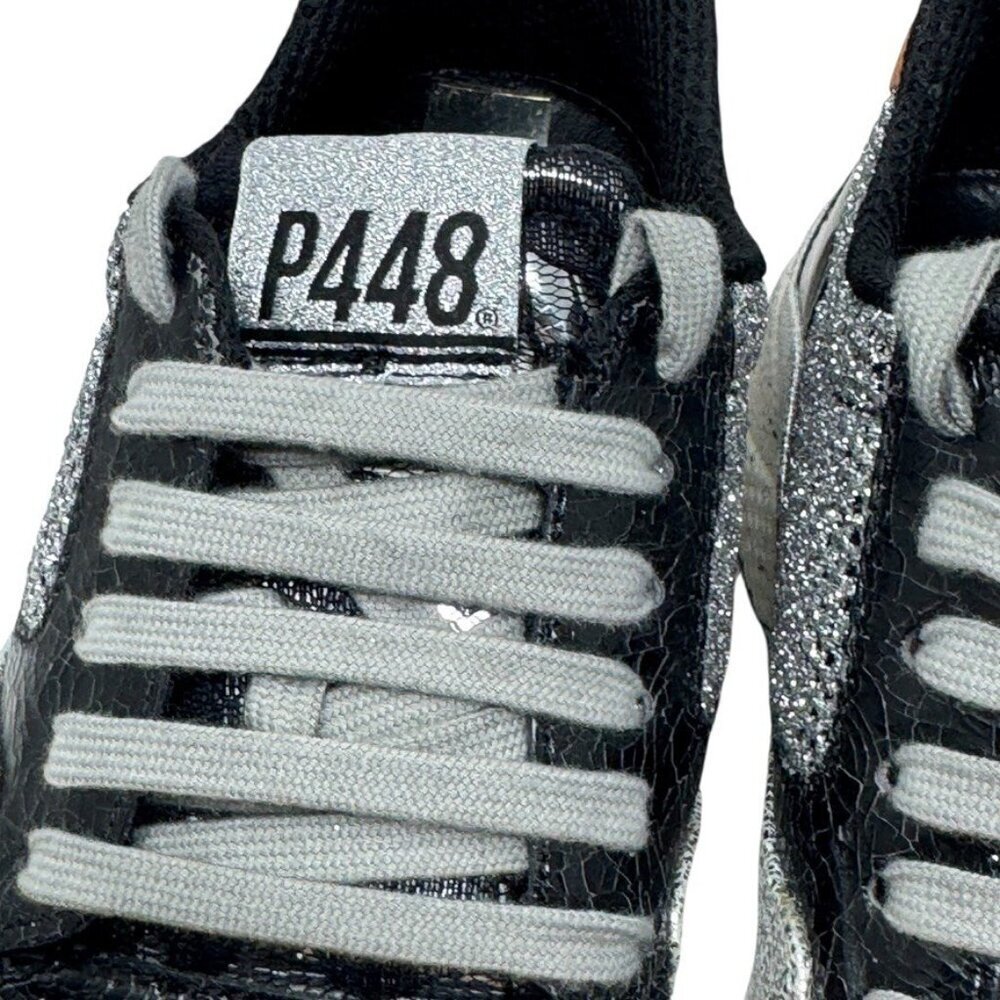 P448 Women’s Size 37 Black Silver Glitter Mesh Chunky Sneakers - Picture 2 of 14